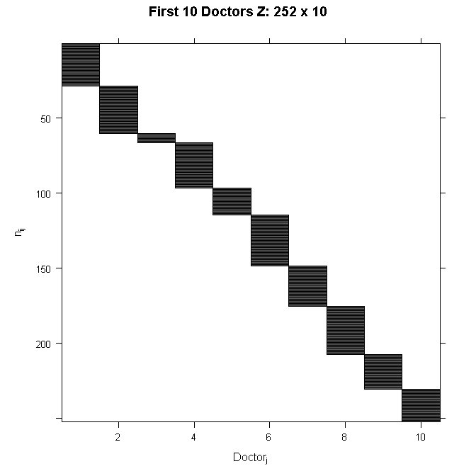Pictorial representation of the first 10 columns of the sparse matrix Z